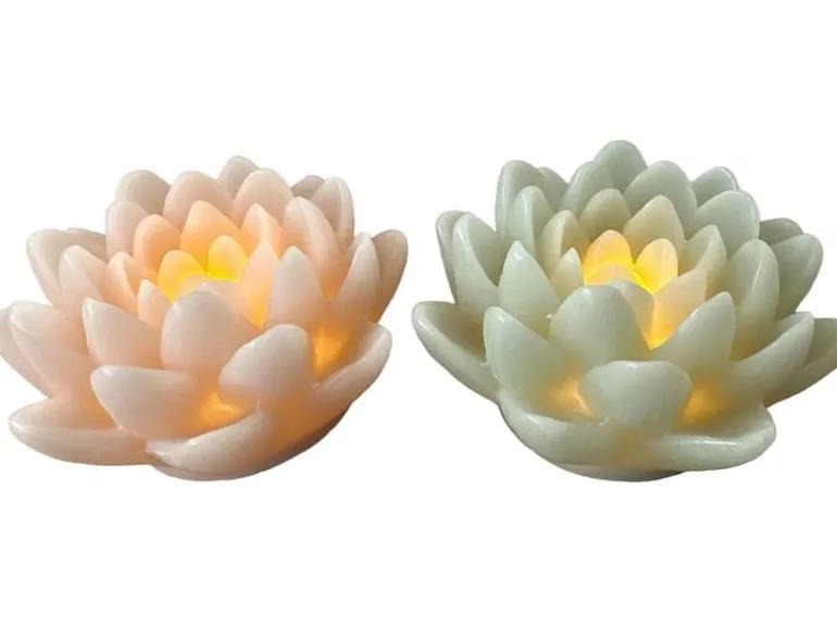 Dameco LED Wachskerze Lotus Blüte 2er Set rosa und türkis grün