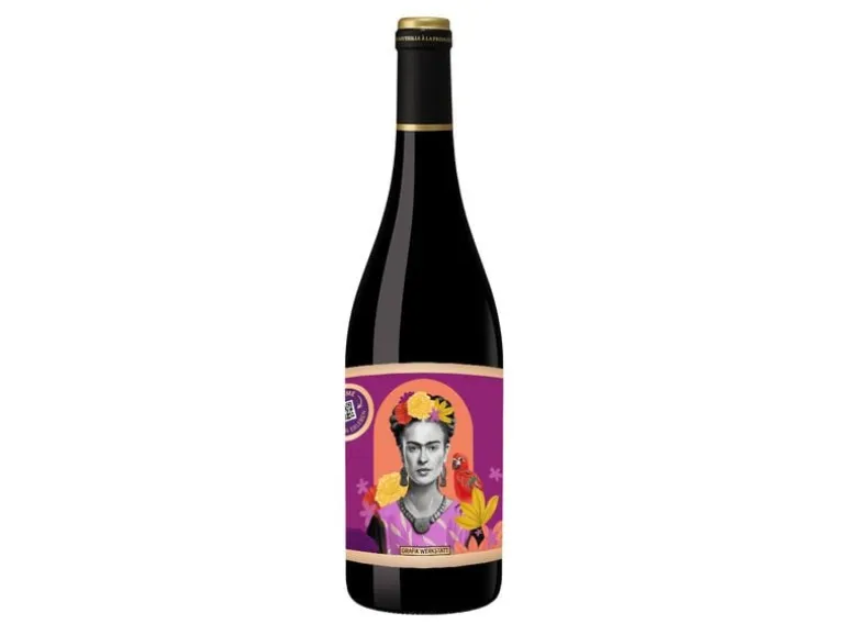 Grafik Werkstatt Rotweinflasche Frida Kahlo