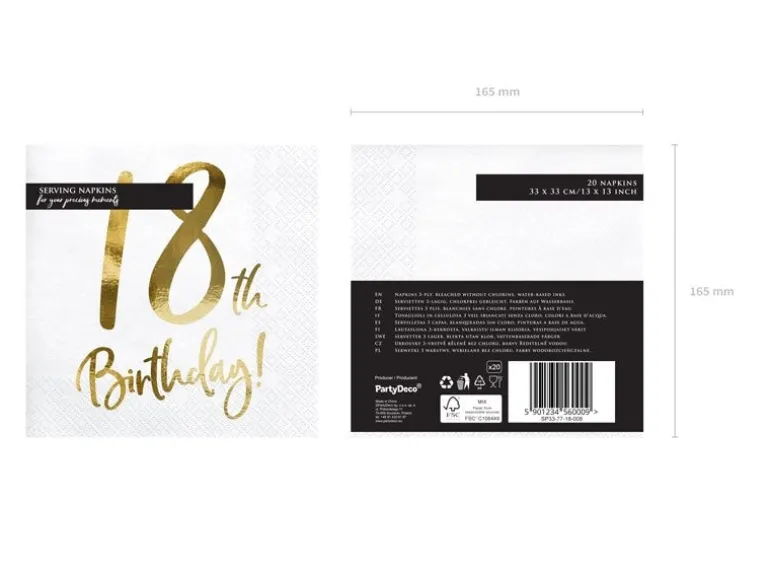 Partydeco PartyDeco Servietten 18th Birthday, 20er-Set 33 cm x 33 cm