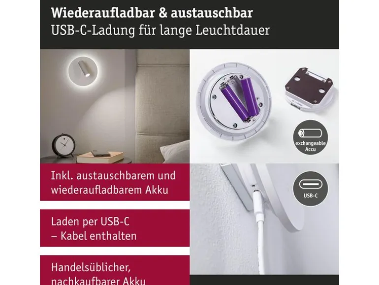 Paulmann LED Akkuwandleuchte Kiora 2700K dimmbar Weiss