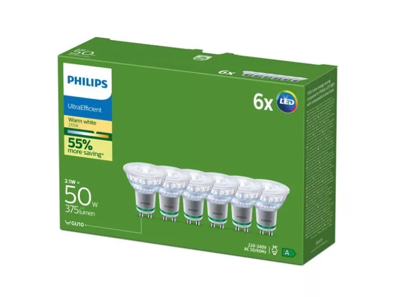 Philips LED GU10 Spots, 6er-Pack, 50 W, Warmweiss