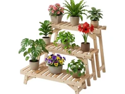 relaxdays Blumentreppe Tannenholz, Hellbraun, 3er Set