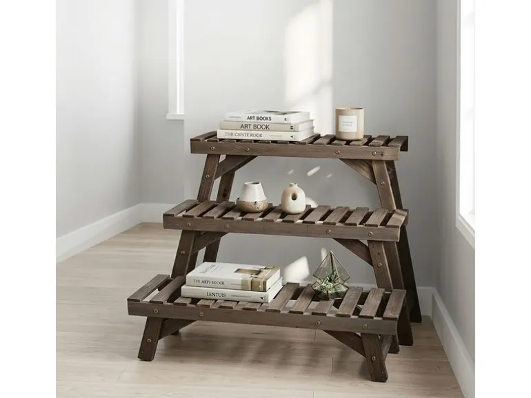 relaxdays Blumentreppe Tannenholz, Hellbraun, 3er Set