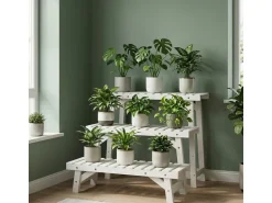 relaxdays Blumentreppe Tannenholz, Weiss, 3er Set