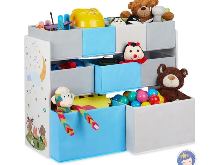 relaxdays Kinderregal, 9 Stoffboxen, Weiss / Grau / Hellblau