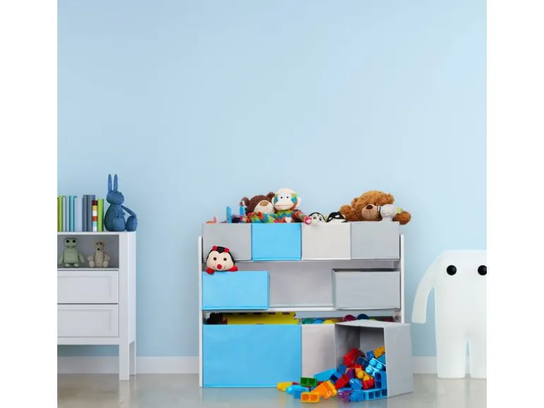 relaxdays Kinderregal, 9 Stoffboxen, Weiss / Grau / Hellblau