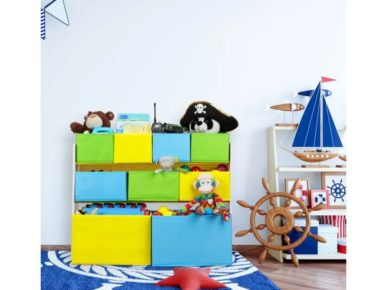relaxdays Kinderregal, 9 Stoffboxen, Weiss / Grau / Hellblau