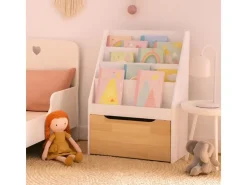 relaxdays Kinderzimmerregal mit Spielzeugkiste, Weiss / Natur