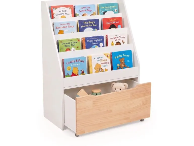 relaxdays Kinderzimmerregal mit Spielzeugkiste, Weiss / Natur
