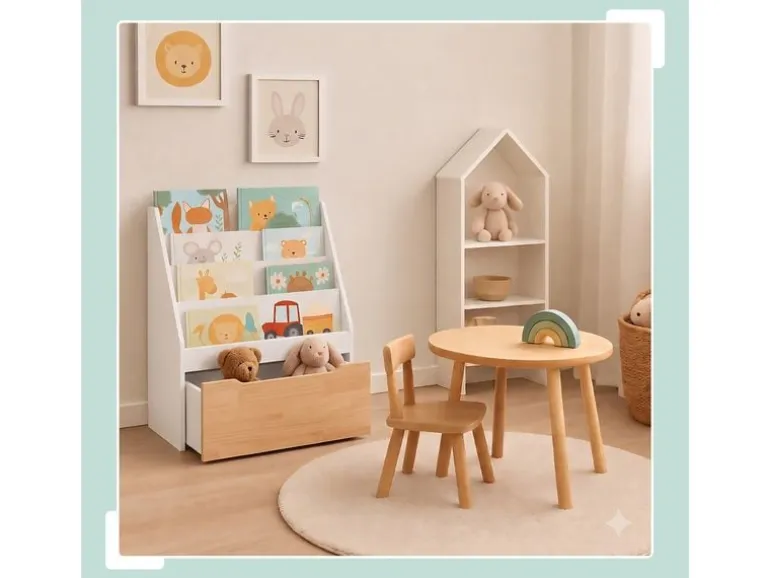 relaxdays Kinderzimmerregal mit Spielzeugkiste, Weiss / Natur