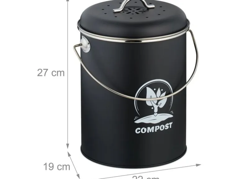 relaxdays Komposteimer mit Geruchsfilter 5.5 l, Schwarz/Silber