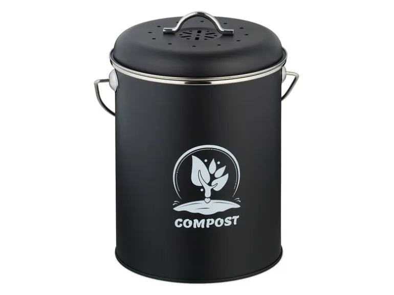 relaxdays Komposteimer mit Geruchsfilter 5.5 l, Schwarz/Silber