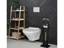 relaxdays WC-Garnitur Edelstahl Bambus Schwarz Hellbraun