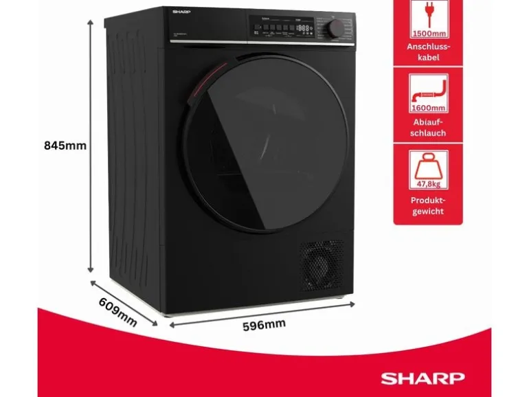 Sharp Wäschetrockner KD-WNHB0S9GMC 10 kg Schwarz Rechts