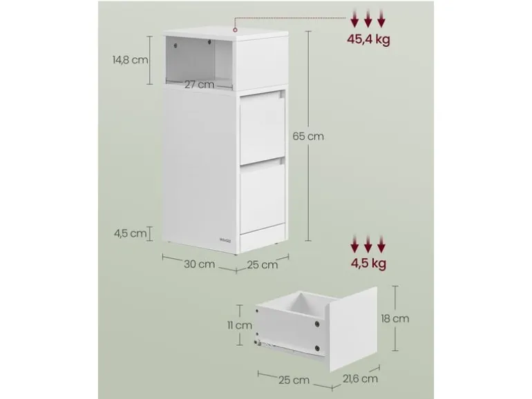 VASAGLE Nachttisch 2er Set 25 x 65 cm, Weiss