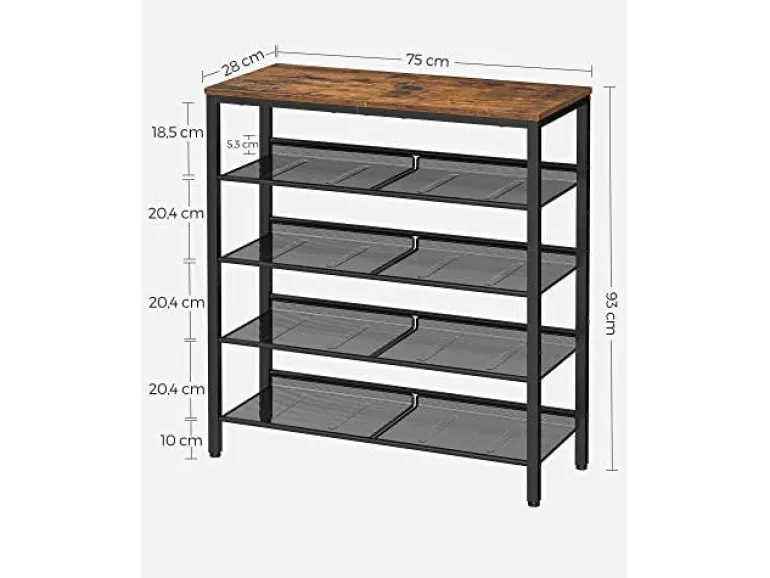 VASAGLE Schuhregal mit 5 Ablagen 75 x 93, Schwarz/Braun