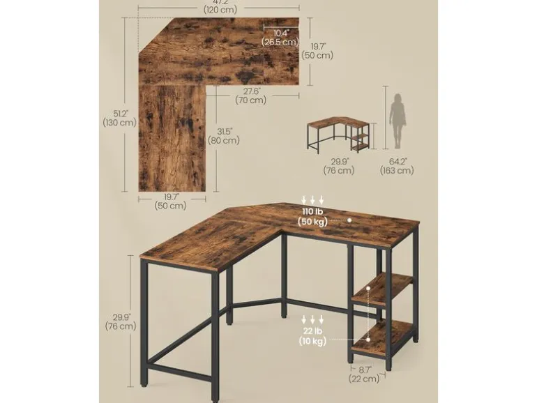 VASAGLE Tisch in L-Form Braun/Schwarz 120 x 130 x 76 cm